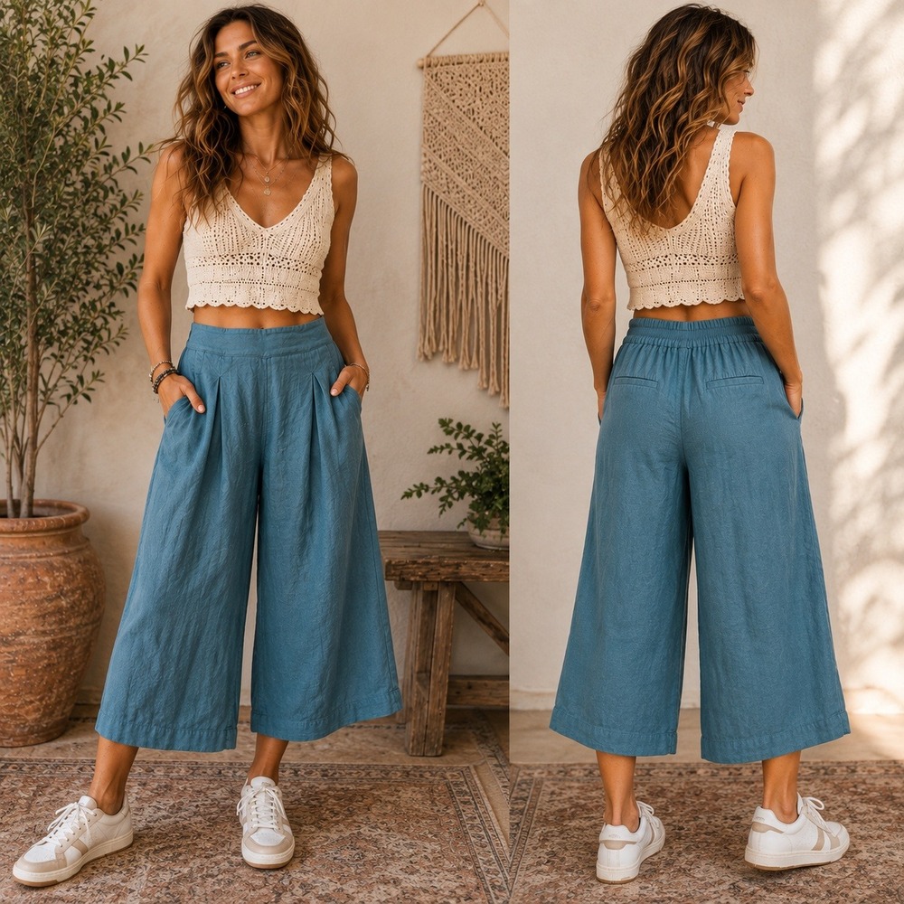 Athleta Playa Linen Wide Leg Crop Pants Size 4 Teal Blue 100% Linen Zip Pockets